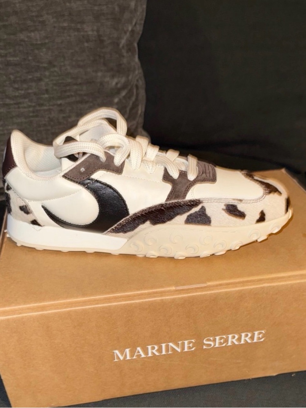 Marine Serre White & Black Cow-Print Leather Suede Sneaker